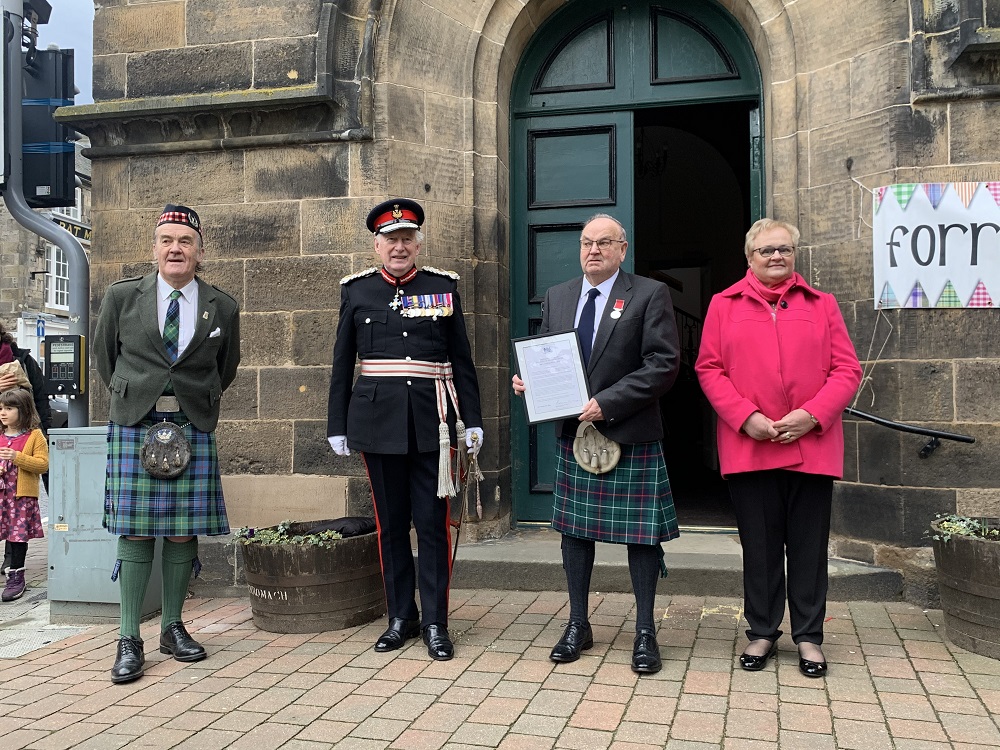 Cllr George Alexander, who read the Citation, L-L, James and Margaret Duncan( his wife)