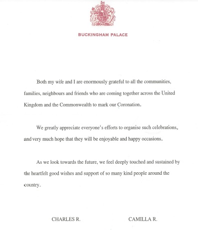 Message from Their Majesties to all who will be organising events and celebrating the Coronation at the weekend