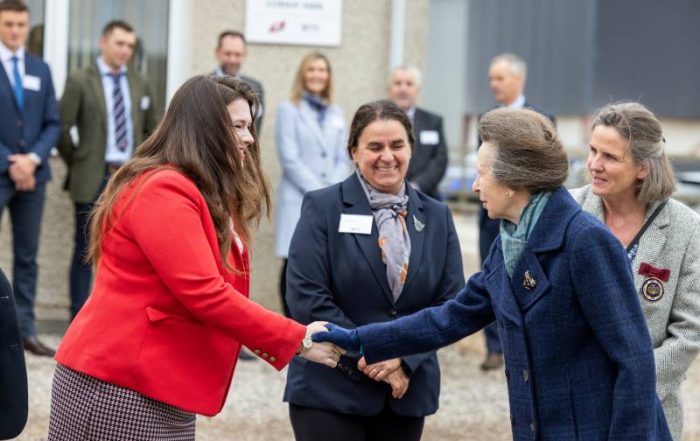 Deputy Lieutenant of Moray, Rebecca Russell, presents Kate Rowell, Chair of Quality Meat Scotland, and Sarah Millar, Chief Executive of Quality Meat Scotland-rsz.